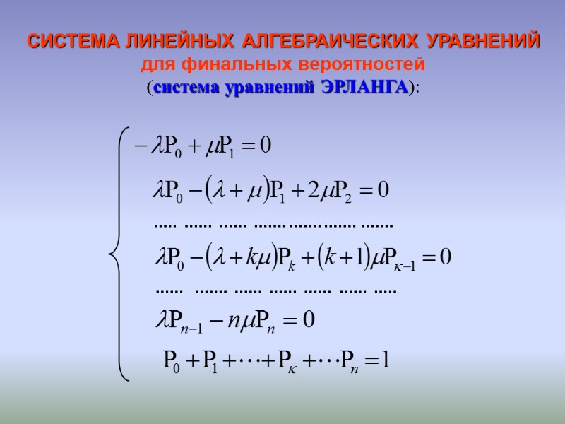 СИСТЕМА ЛИНЕЙНЫХ АЛГЕБРАИЧЕСКИХ УРАВНЕНИЙ для финальных вероятностей  (система уравнений ЭРЛАНГА):